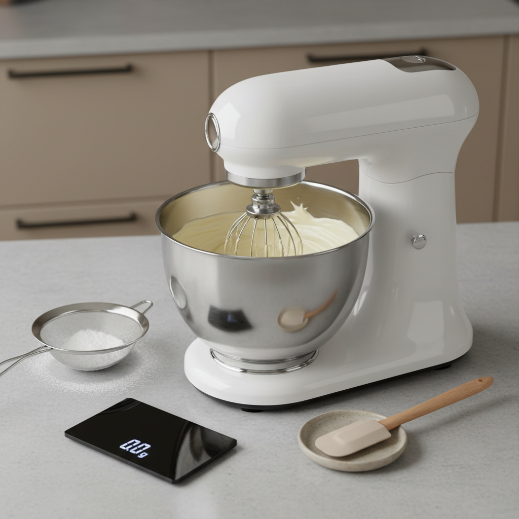 A sophisticated countertop scene featuring a glossy white stand mixer mid-process, its stainless steel bowl partially filled with smooth, pale pastry cream, perfectly swirled. Around it, carefully placed baking tools: a fine-mesh sieve with a dusting of powdered sugar, a narrow spatula resting on a muted ceramic rest, and a digital scale with a sleek, dark surface. Everything sits on a cool, matte stone counter in a minimalist kitchen environment. The background fades into a softly blurred hint of handleless cabinetry in warm, desaturated beige. Soft studio lighting from above and slightly behind creates delicate reflections on metal surfaces and subtle gradients on the mixer’s body. Composed at a three-quarter angle with shallow depth of field, the scene communicates precision, modern technique, and the technical depth behind the detailed downloadable recipes, in an elegant, photographic style.