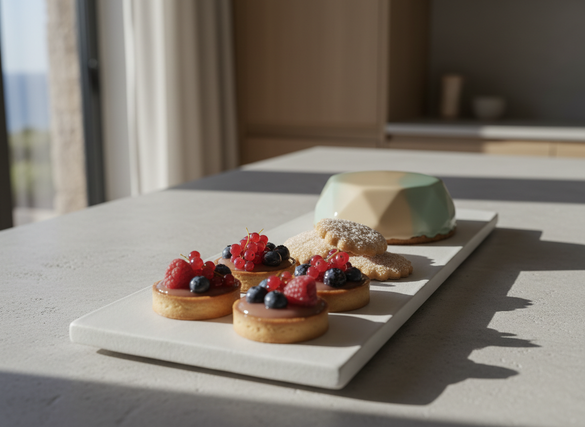 A refined still life of an assortment of Menorcan-inspired pastries arranged on a long, matte white ceramic platter: glossy fruit tartlets with muted berry tones, delicate butter cookies with fine sugar dusting, and a modern entremet with smooth mirror glaze in soft sand and seafoam hues. The platter rests on a pale stone countertop with a subtle texture, suggesting a minimalist coastal kitchen. Soft morning daylight enters from the left, diffused through an unseen sheer curtain, casting gentle, elongated shadows and subtle gradients across the surface. Shot from a slightly elevated angle with a shallow depth of field, the foreground pastries in crisp focus while the background softly blurs. The mood is sophisticated and calm, with photographic realism, an elegant composition, and a muted, coastal-inspired palette.
