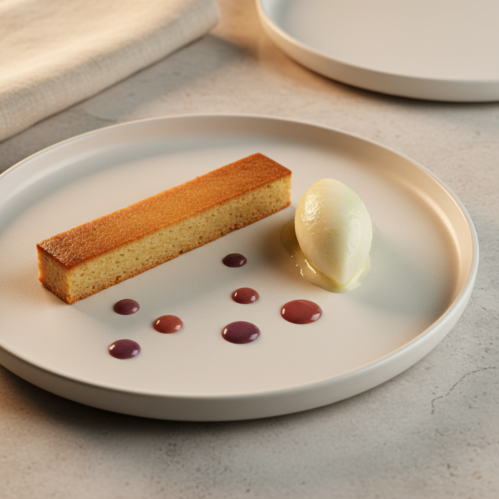 A close-up side view of an elegant restaurant-style plated dessert inspired by Menorca: a slender slice of almond torte with a perfectly smooth surface, accompanied by a quenelle of pale citrus sorbet and minimalist dots of glossy sauce in desaturated berry tones. The plate is a wide, matte off-white porcelain with a subtle rim, set on a light stone tabletop. Background elements are intentionally minimal: a softly blurred hint of a textured linen napkin and the edge of another empty plate. Gentle, directional studio lighting from the upper left creates refined highlights and soft gradients on the dessert, with delicate shadows that define form without harsh contrast. The composition is asymmetrical, leaving generous negative space, emphasizing sophistication and precision. The overall style is clean, modern, and photographic, with a calm, refined atmosphere.