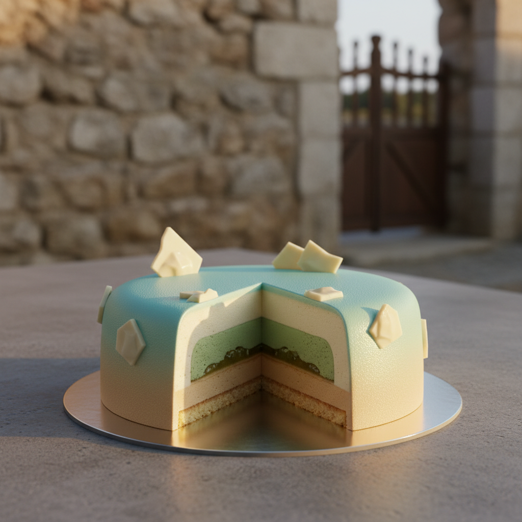 A single, meticulously crafted modern entremet cake inspired by Menorca’s coastline, featuring smooth, velvety mousse layers revealed in a precise cross-section. The glaze is a muted gradient from pale sand to soft turquoise, with minimalistic geometric chocolate decor in matte ivory. The entremet sits on a thin, brushed metal cake stand atop a cool grey concrete surface. In the background, out of focus, a hint of rustic stone wall and a faint silhouette of a traditional Menorcan gate create subtle context. Gentle late-afternoon light enters from the right, creating refined highlights on the glaze and delicate shadows under the stand. Captured at eye level with centered composition and shallow depth of field, the image feels serene, precise, and luxurious, with a clean, modern, photographic aesthetic.