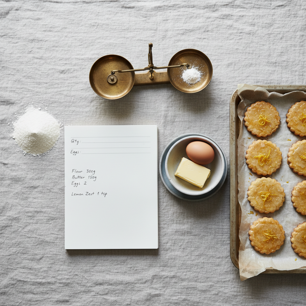 An overhead view of a recipe creation scene for traditional Menorcan pastries with a modern twist, styled on a large, pale linen-covered table. In the center, an open, minimal recipe notebook with neat handwritten quantities sits beside carefully weighed ingredients: a small mound of fine flour, softened butter on a muted ceramic dish, eggs in a stoneware bowl, and a vintage metal scale. On the side, finished biscuits with subtle citrus glaze rest on a parchment-lined tray. Soft, diffused natural light from an unseen window above creates gentle, almost shadowless illumination, enhancing the subtle textures of linen and flour. The composition follows the rule of thirds, with negative space balancing the elements. The mood is contemplative and meticulous, evoking the precision of downloadable recipes, rendered in quiet, photographic realism with a muted color palette.