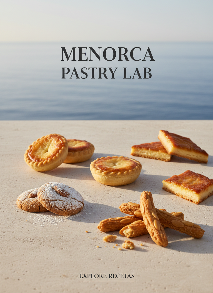 High-end editorial hero image for a professional pastry brand. Clean composition of Menorcan pastries (formatjades, amargos, carquinyols, flaons) arranged on a minimalist limestone surface under soft Mediterranean light. Background hint of the sea and neutral tones. Elegant text overlay at center top: “Menorca Pastry Lab” in refined serif font, dark charcoal. Minimal, premium, professional gastronomy aesthetic. No people, no rustic props, no tourist style. CTA below: Explore Recetas.